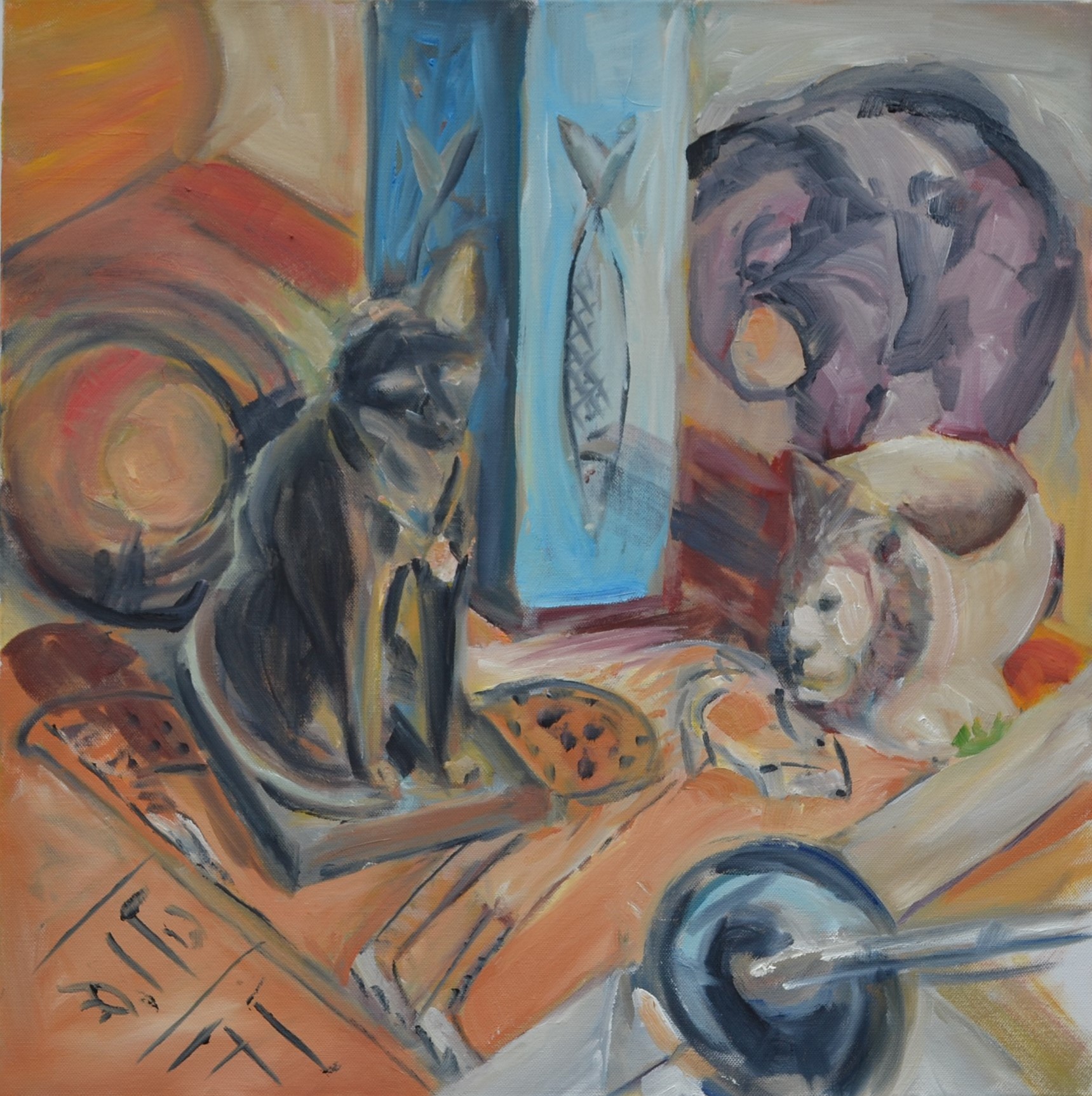 Painting of cat, elephant and fish