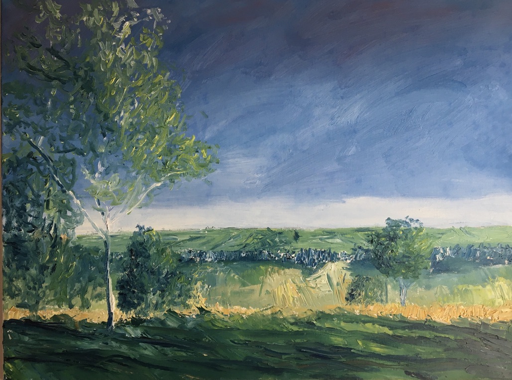 Painting of scenic view with large tree