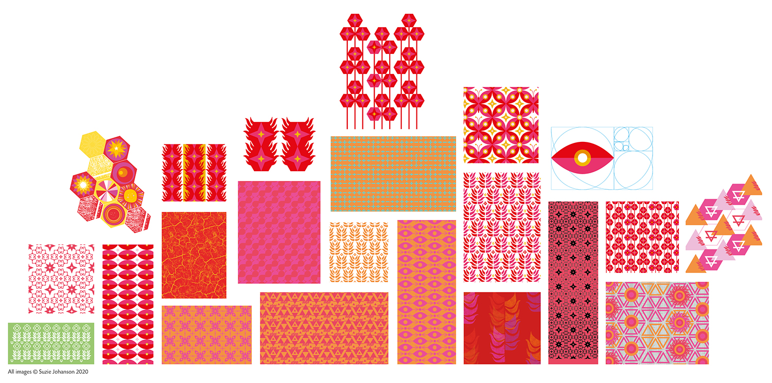 Various panels of digitally created textile patterns