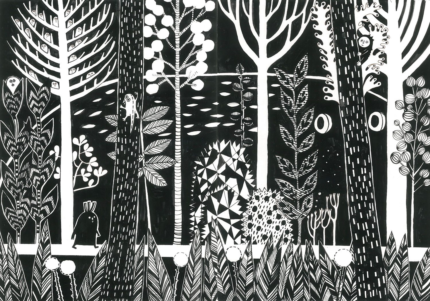 Black and white illustration from artists book of small creature in a wood with plants