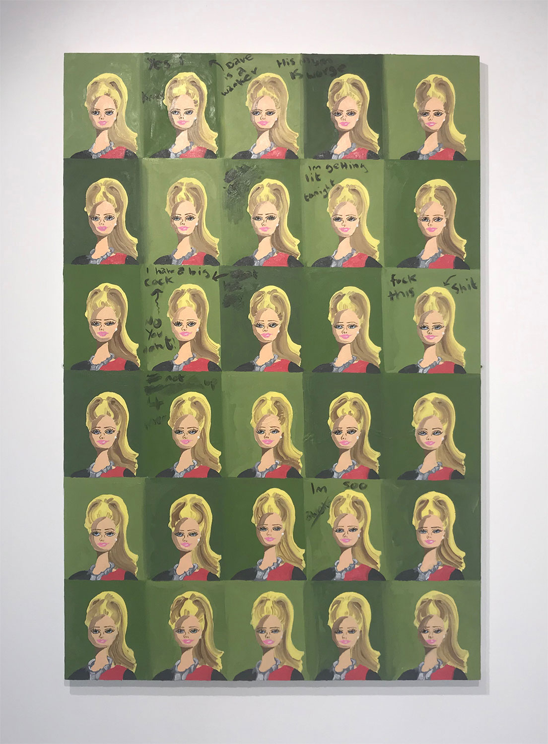 Large oil painting of multiple repeated depictions of a blonde haired woman on green background