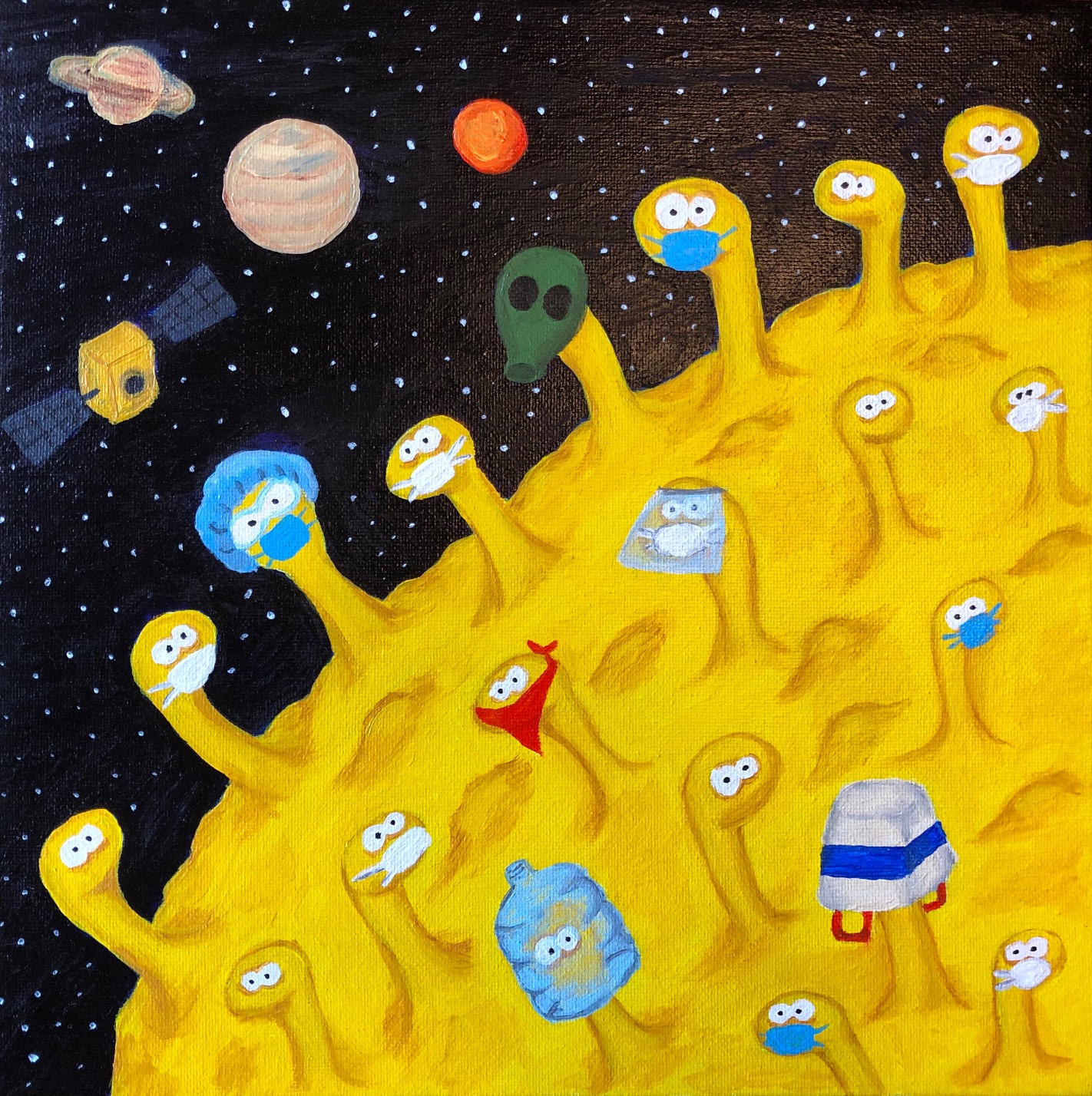 Painting of large yellow virus cell-like structure containing eyes on exterior in space with planets and satellite