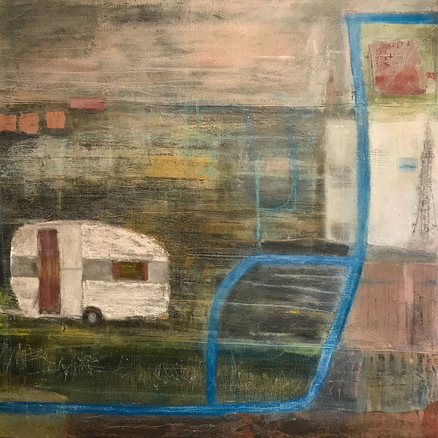 Oil painting of blue path and caravan